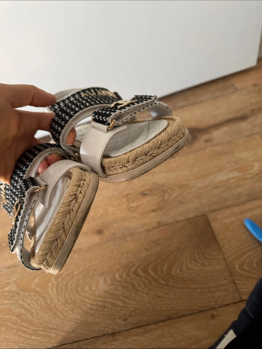 CHANEL White & Black Tweed Kids Sandals with Gold CC Accents